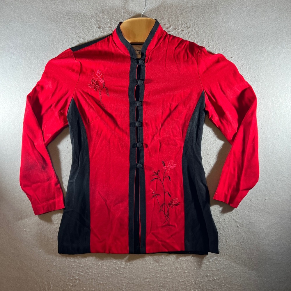 1307 | Vintage Asian Inspired Floral‎ Embroidered Colorblock Blouse Red Black L